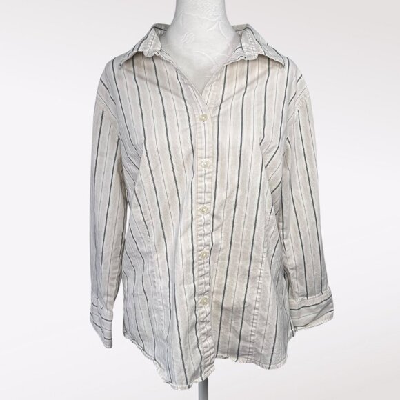 Vintage Dockers Button Up Shirt White Gray Striped 3/4 Sleeve Slim Fit XL - Picture 1 of 9